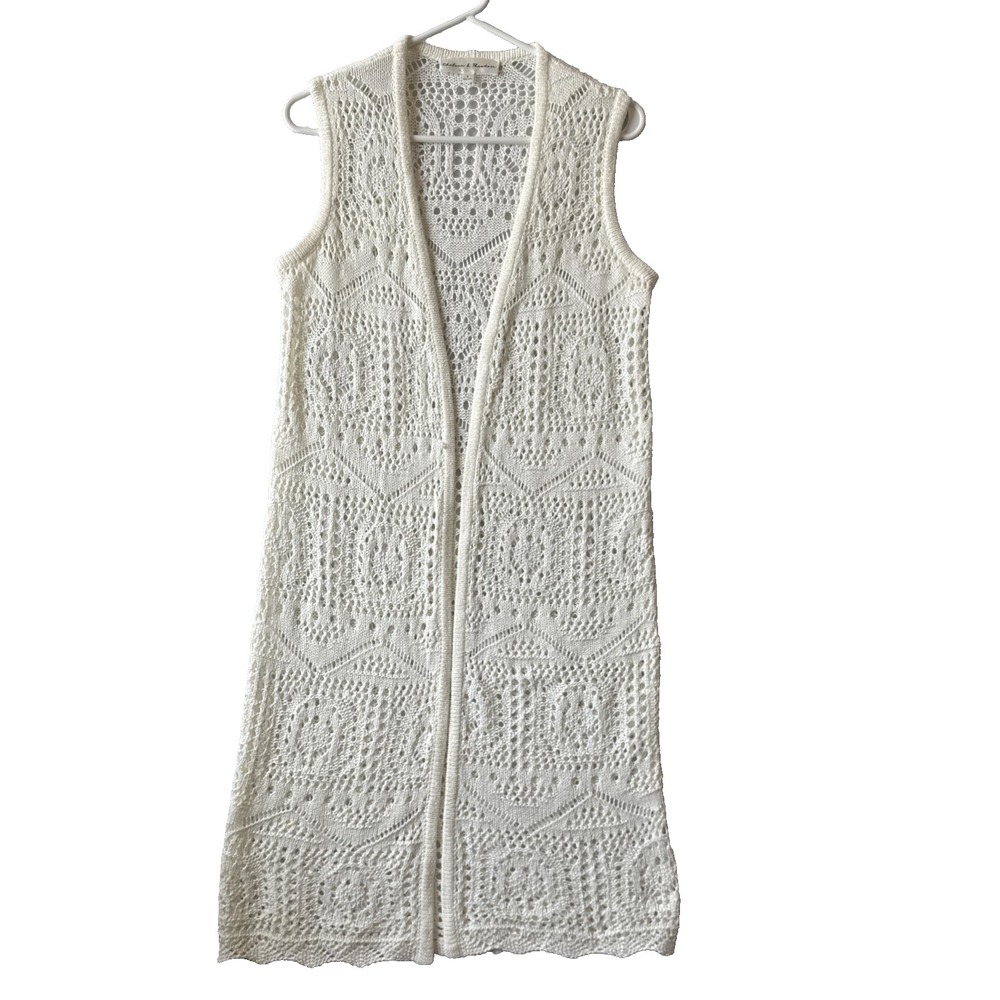 Chelsea & Theodore Crochet Cream Duster Knit Cardigan Vest S Boho Chic Festival